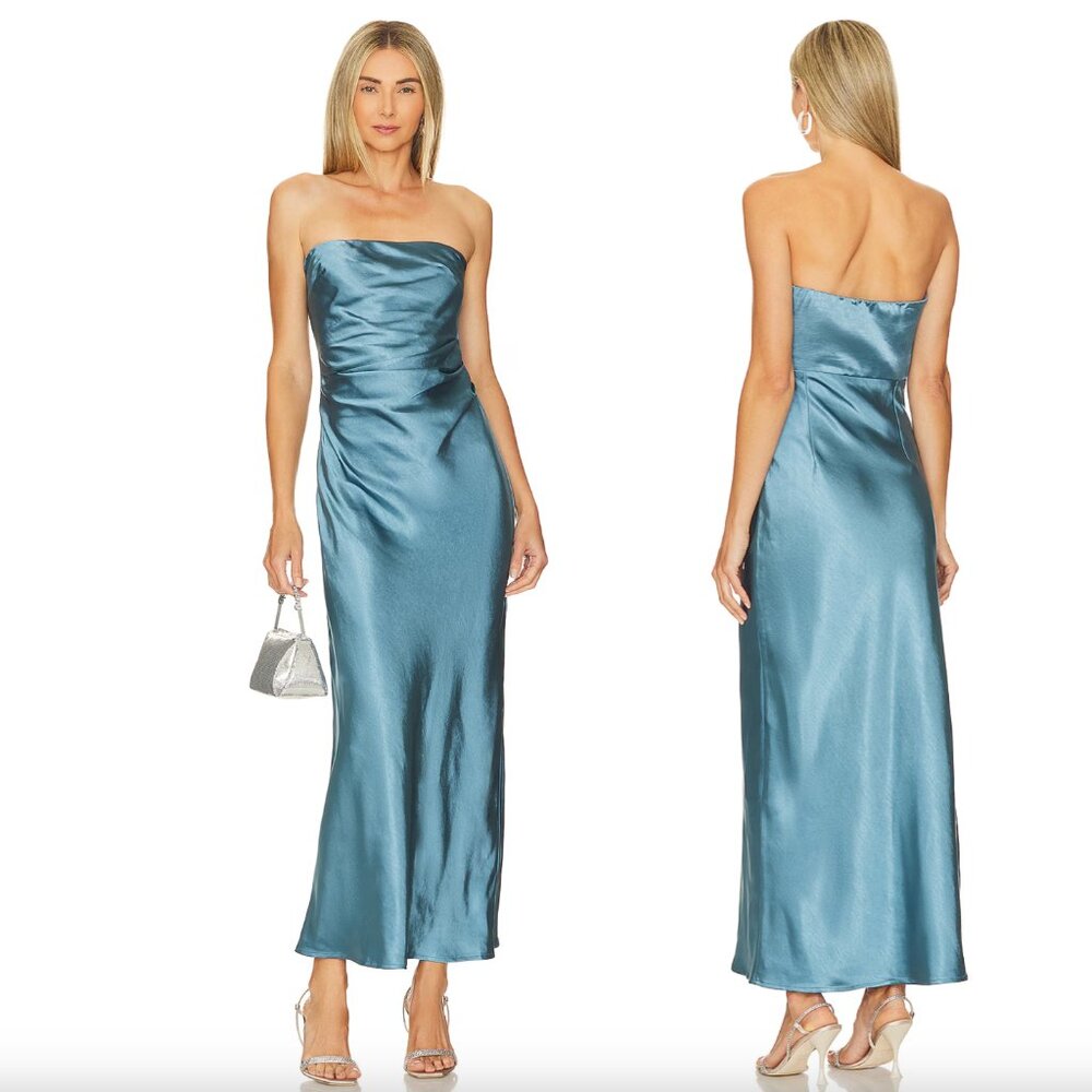 NEW Runaway The Label Kristine Maxi Dress Steel Blue Satin Strapless Formal Gown